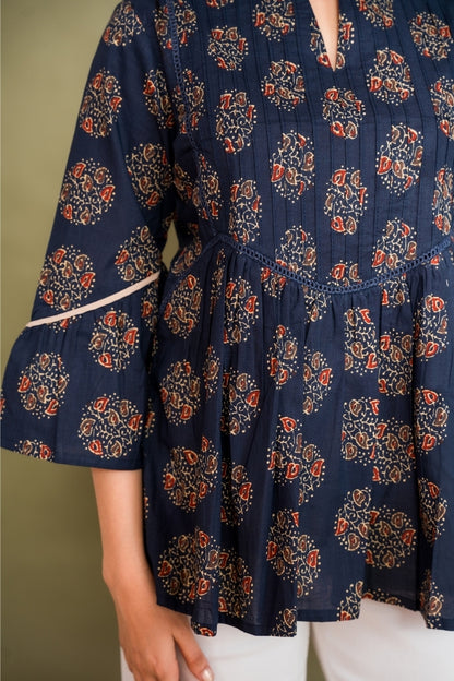 Ekisha's women floral navy designer cotton tunic top short kurti, detailed view