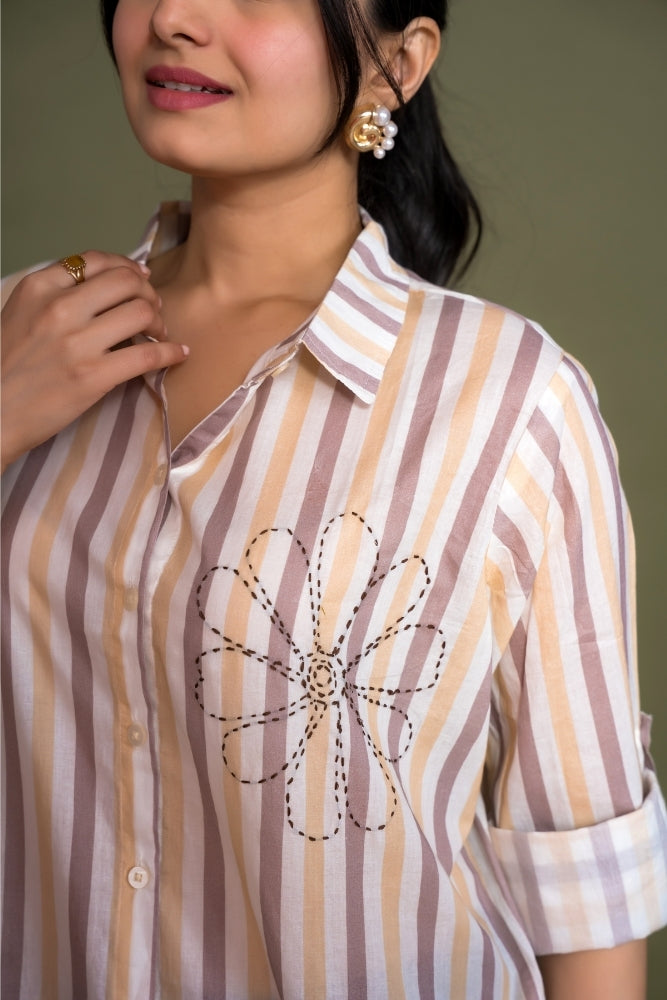 Ekisha women cotton white brown color stripes printed embroidered relaxed fit shirt, detailed view