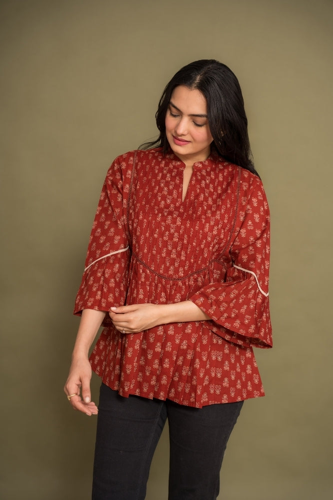 Ekisha's women floral maroon designer cotton tunic top short kurti, front view 4