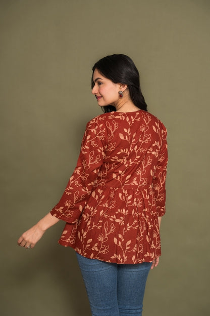 Ekisha's women maroon floral angrakha printed cotton tunic top short kurti, back view
