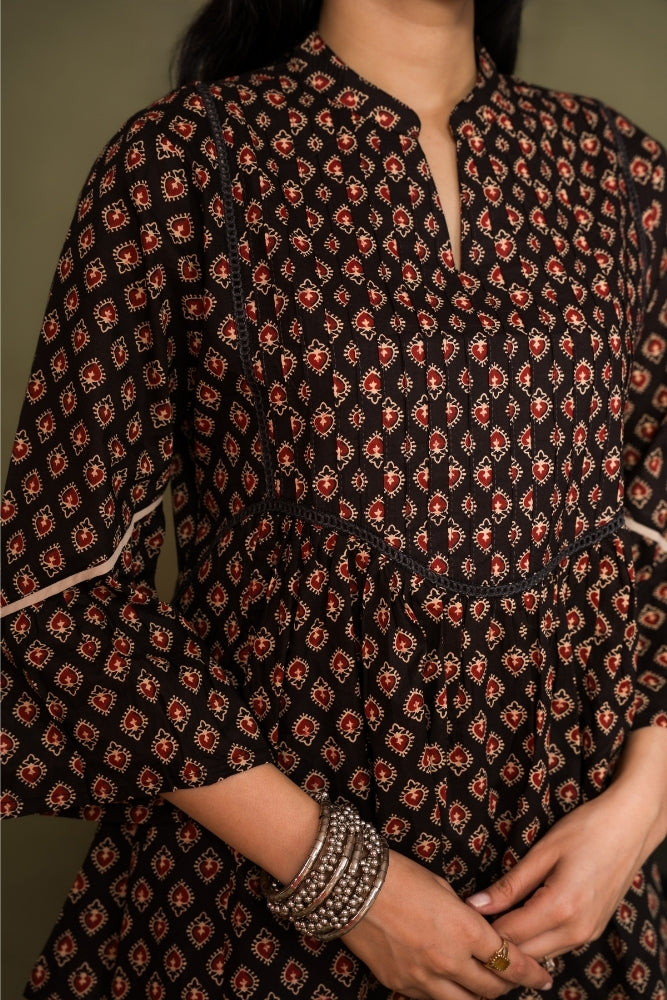 Ekisha's women floral black designer cotton tunic top short kurti, detailed view