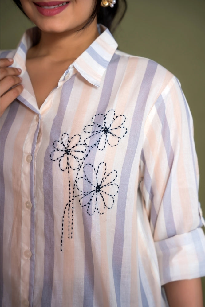 Ekisha women cotton white blue color stripes printed embroidered relaxed fit shirt, detailed view