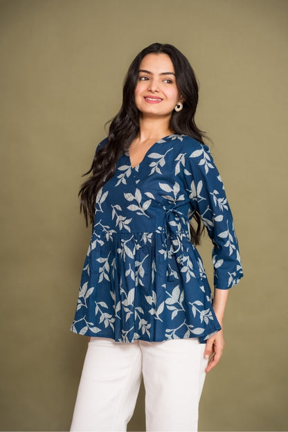 Ekisha's women blue abstract angrakha printed cotton tunic top short kurti, side view