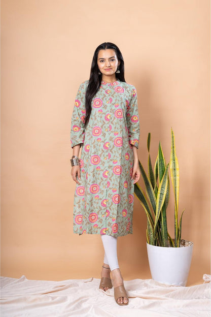 Ekisha women's green rani designer printed multicolor floral printed straight kurta kurti - Ekisha