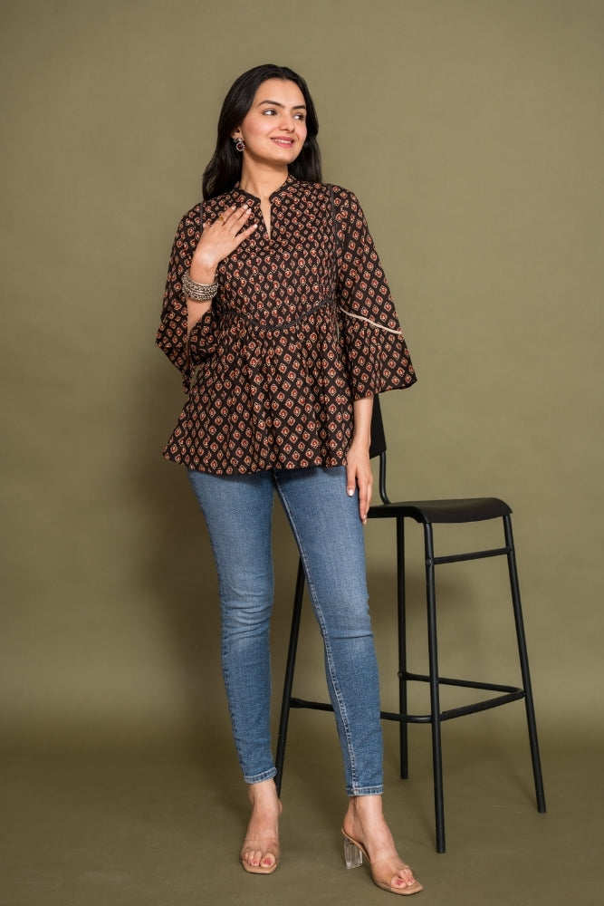 Ekisha's women floral black designer cotton tunic top short kurti, front view 5