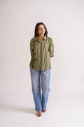 Olive Stripe Floral Print Cotton Shirt for Women