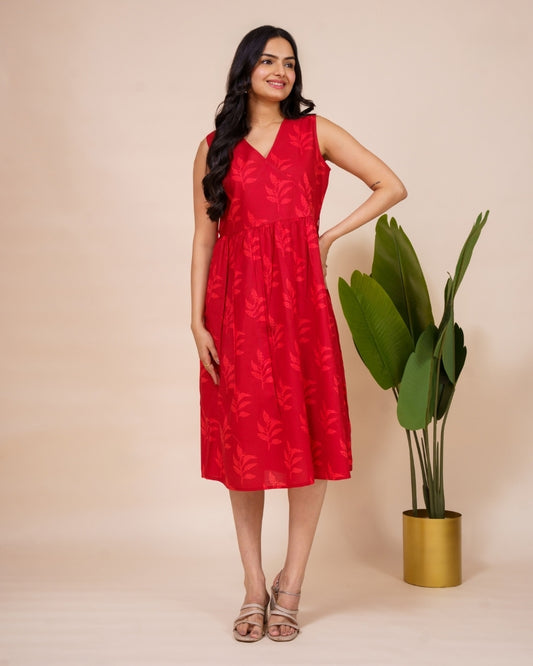 Ekisha's women red printed sleeveless pure cotton midi dress, front view