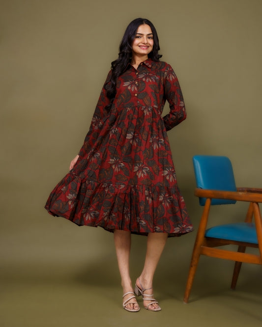 Ekisha's women maroon floral printed collared pure cotton midi dress, front view