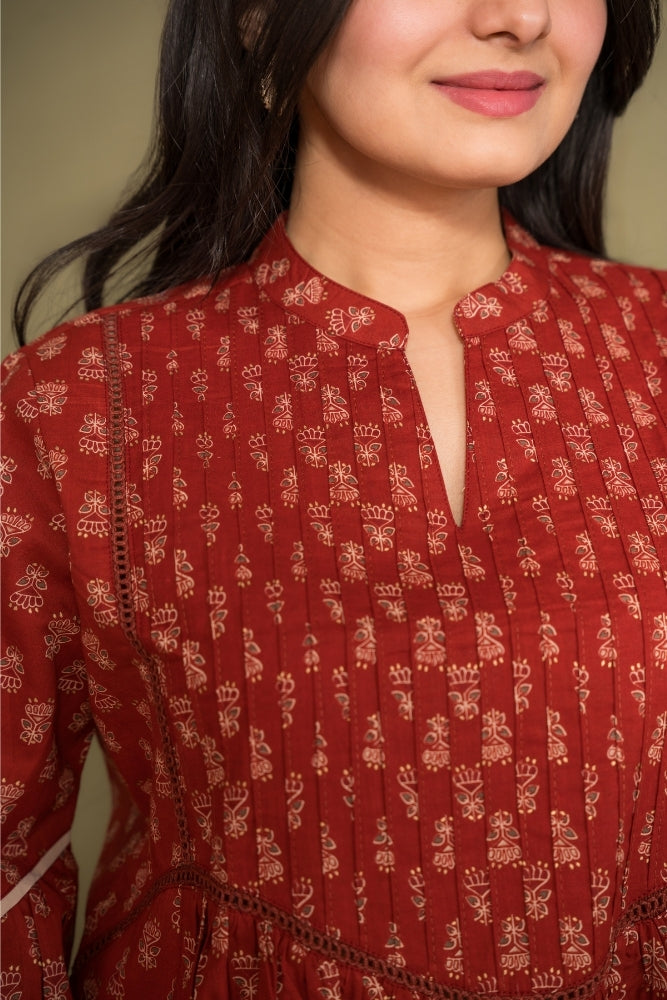 Ekisha's women floral maroon designer cotton tunic top short kurti, detailed view