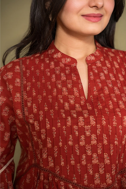 Ekisha's women floral maroon designer cotton tunic top short kurti, detailed view