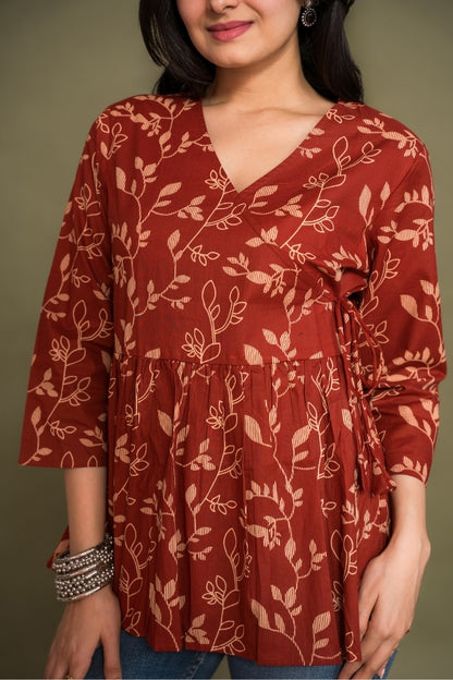 Ekisha's women maroon floral angrakha printed cotton tunic top short kurti, detailed view 2