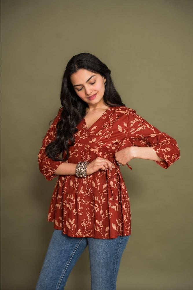 Ekisha's women maroon floral angrakha printed cotton tunic top short kurti, side view
