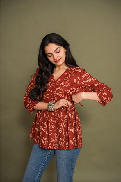 Ekisha's women maroon floral angrakha printed cotton tunic top short kurti, side view