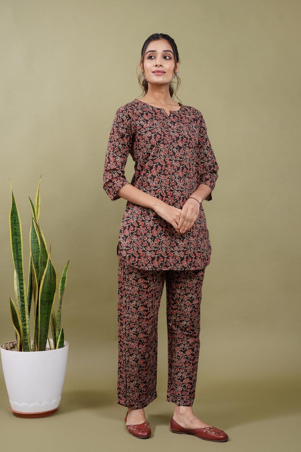 Ekisha's women black kalamkari floral printed cotton co-ord set lounge wear - Ekisha