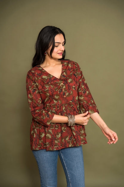 Ekisha's women maroon floral kalamkari designer printed cotton tunic top short kurti, front view