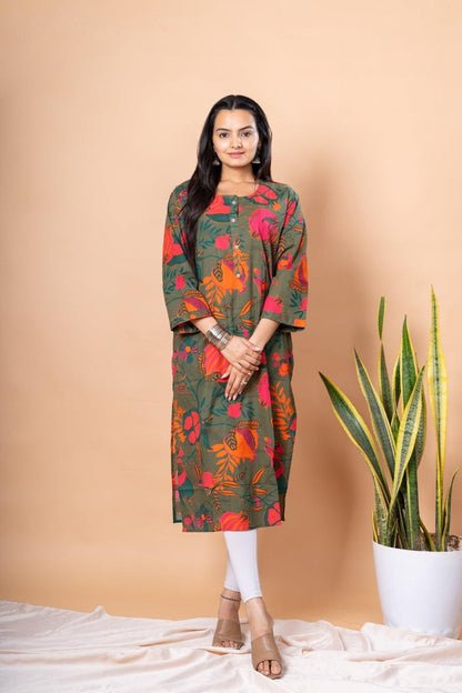 Ekisha women's dark green designer printed multicolor floral printed straight kurta kurti - Ekisha