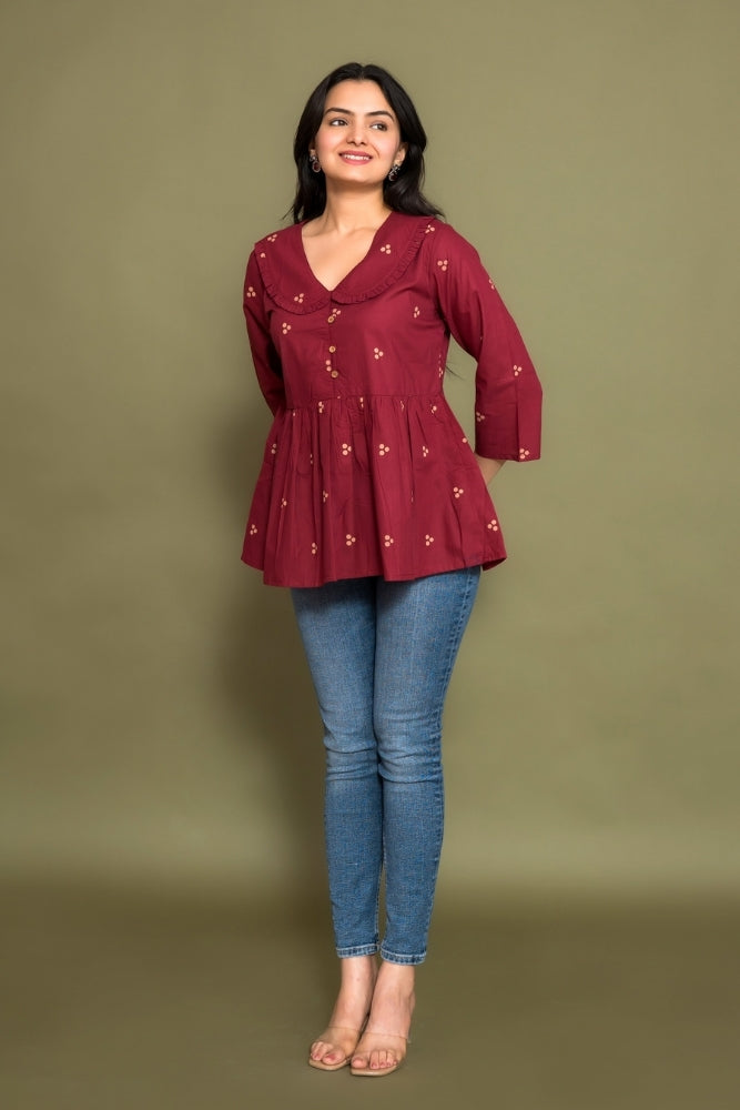 Ekisha's women dark rani floral printed designer cotton tunic top short kurti, side view