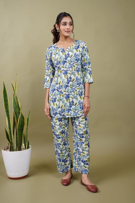 Ekisha's women white multicolor floral printed cotton co-ord set lounge wear - Ekisha