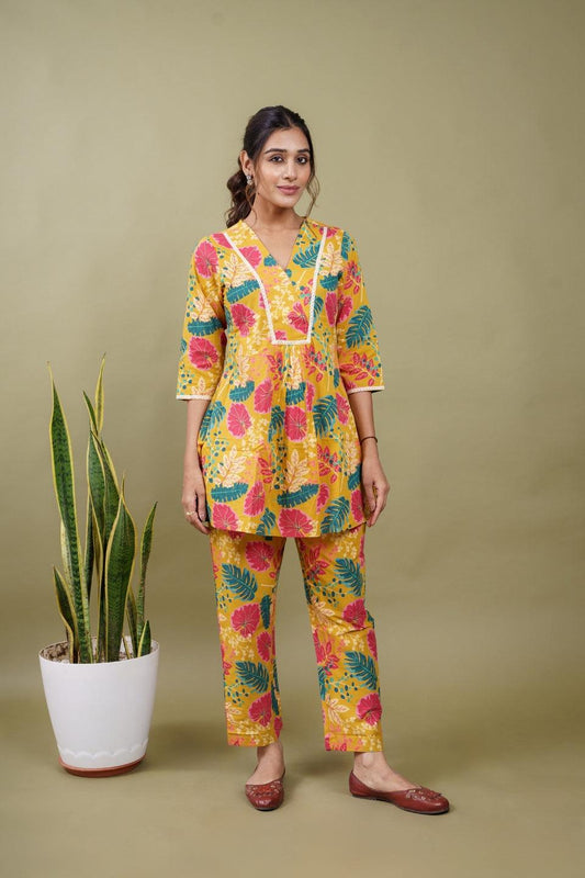Ekisha's women yellow floral printed cotton co-ord set lounge wear - Ekisha