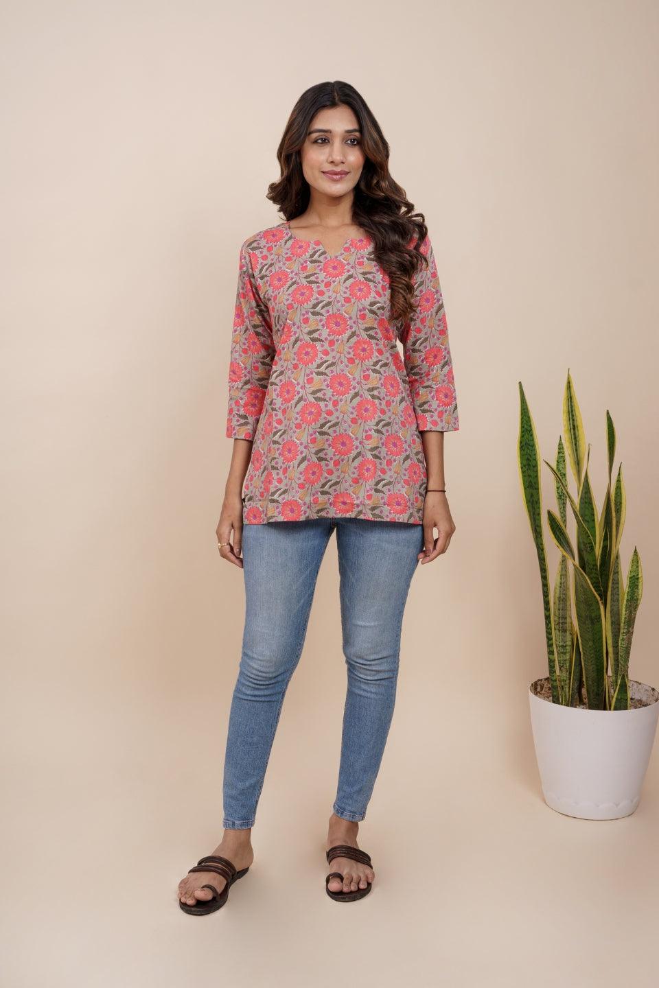 Ekisha's women multicolor beautiful designer floral printed cotton tunic top short kurti - Ekisha