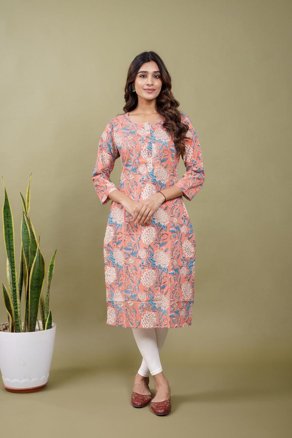 Ekisha women's peach beautiful designer printed multicolor floral printed straight kurta kurti - Ekisha