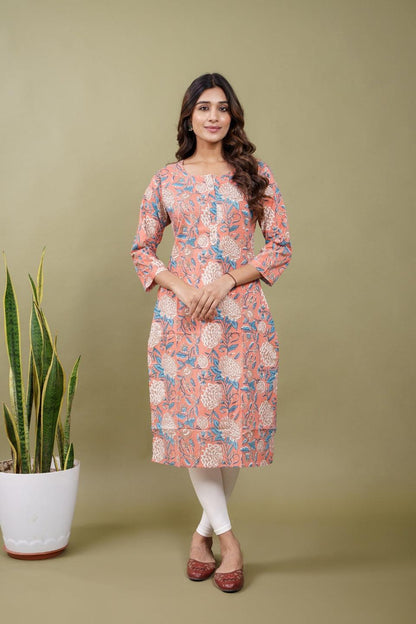 Ekisha women's peach beautiful designer printed multicolor floral printed straight kurta kurti - Ekisha