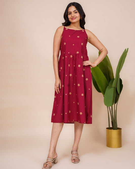 Ekisha's women dark wine floral printed sleeveless pure cotton midi dress, front view