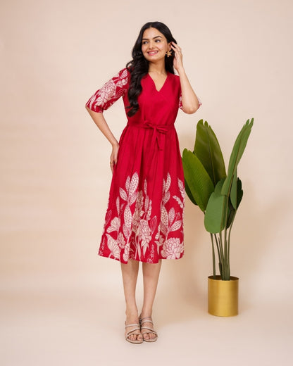 Ekisha's women red floral panel printed V neck pure cotton midi dress, front view