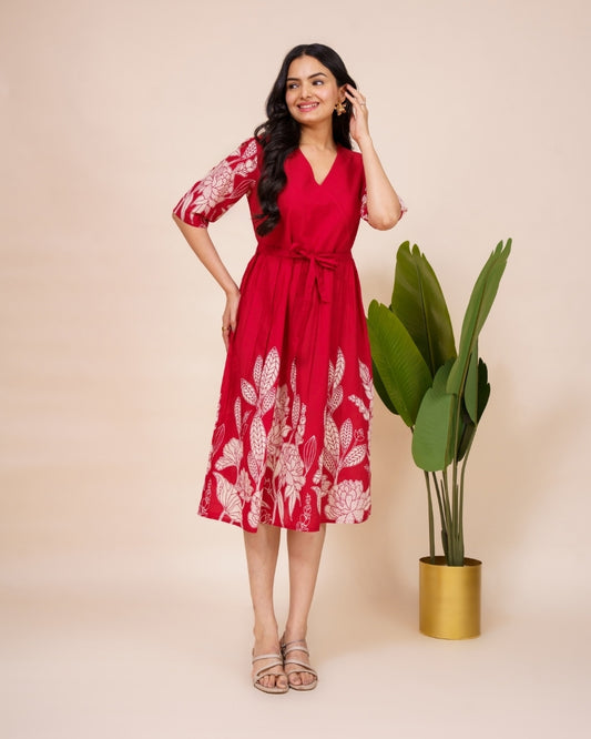 Ekisha's women red floral panel printed V neck pure cotton midi dress, front view