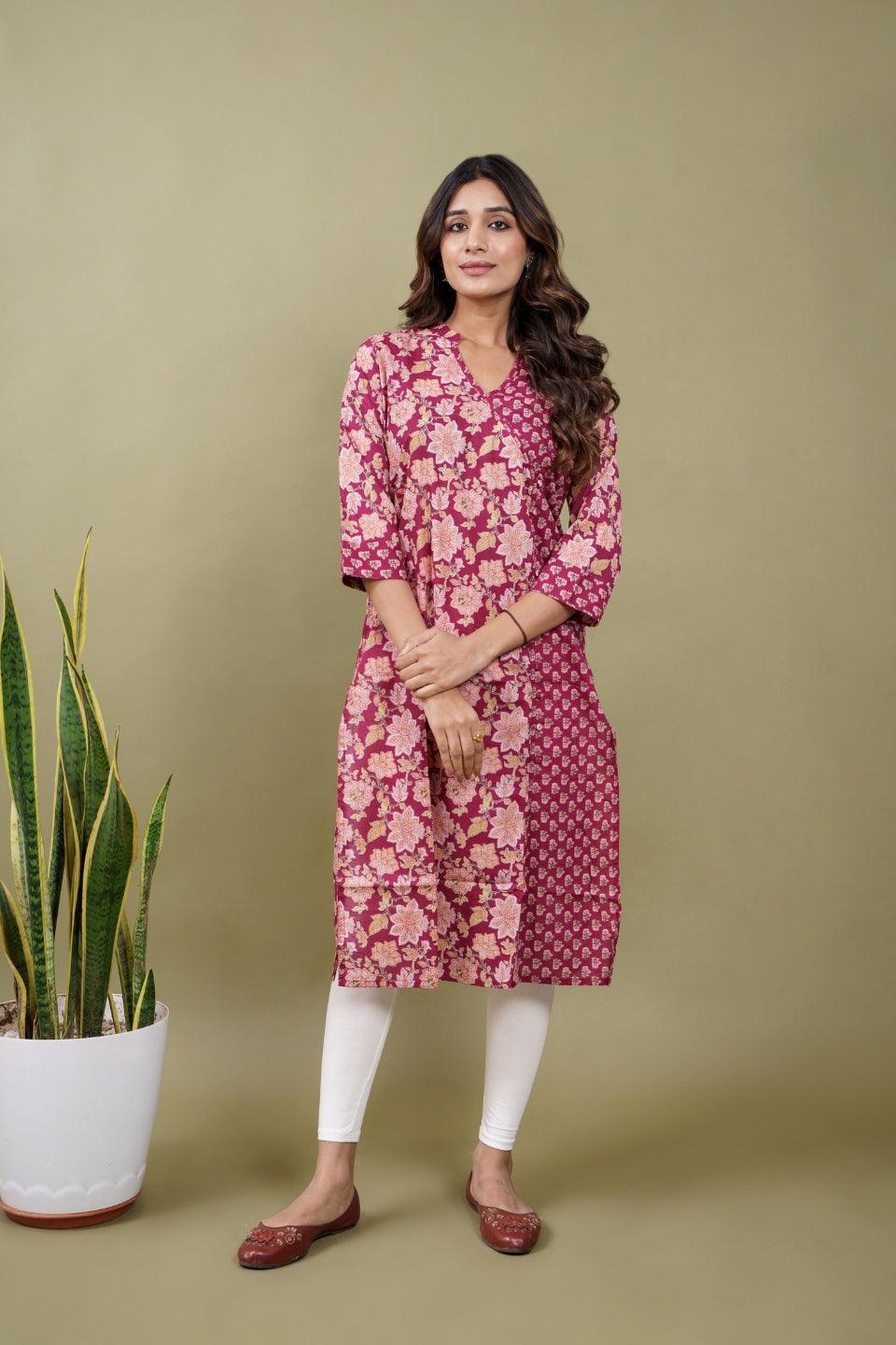 Ekisha women's cotton magenta floral printed angrakha kurta kurti - Ekisha