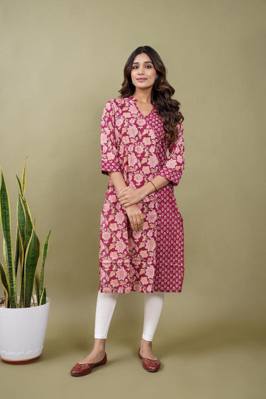 Ekisha women's cotton magenta floral printed angrakha kurta kurti - Ekisha