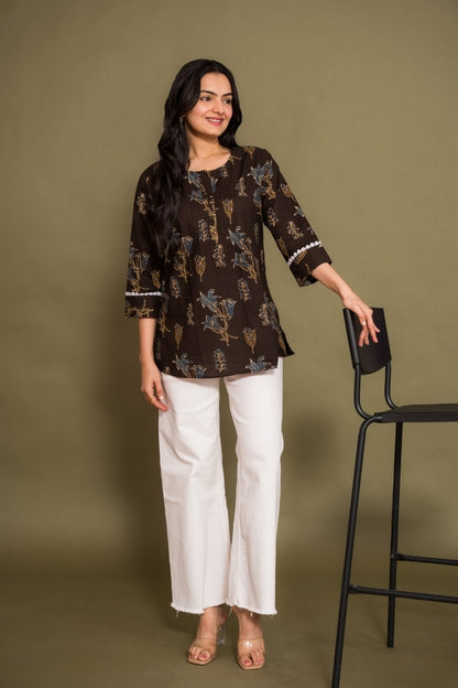 Ekisha's women brown floral printed designer cotton tunic top short kurti, front view 5