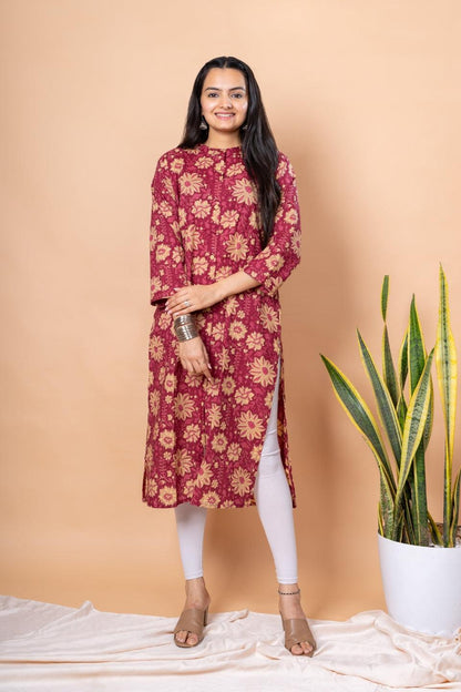Ekisha women's Maroon designer printed multicolor floral printed straight kurta kurti - Ekisha