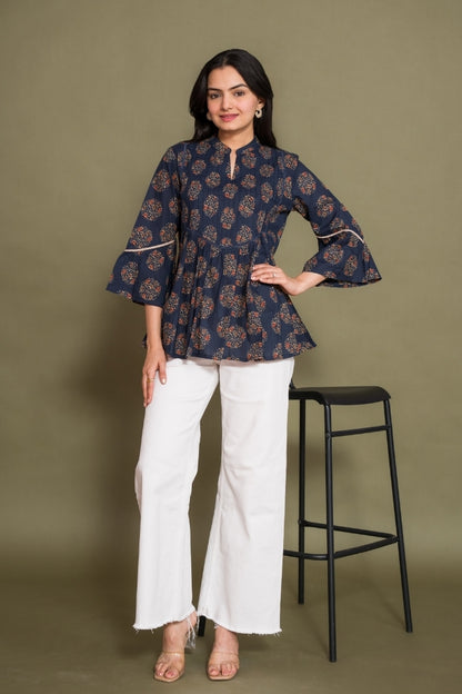 Ekisha's women floral navy designer cotton tunic top short kurti, front view 3