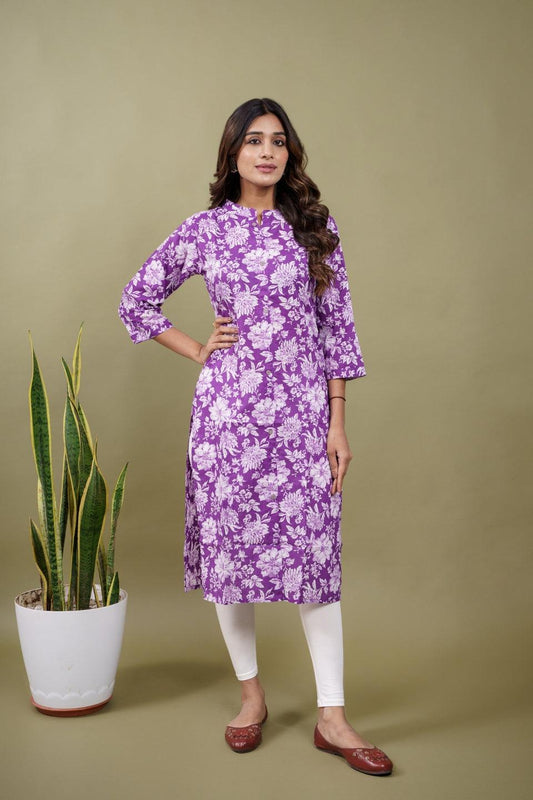 Ekisha women's cotton purple floral printed kurta kurti - Ekisha