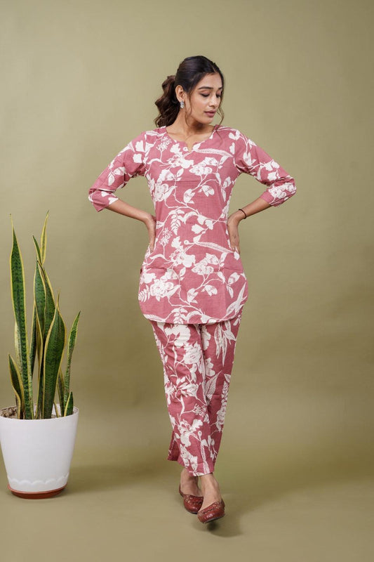 Ekisha's women gajri floral printed cotton co-ord set lounge wear - Ekisha