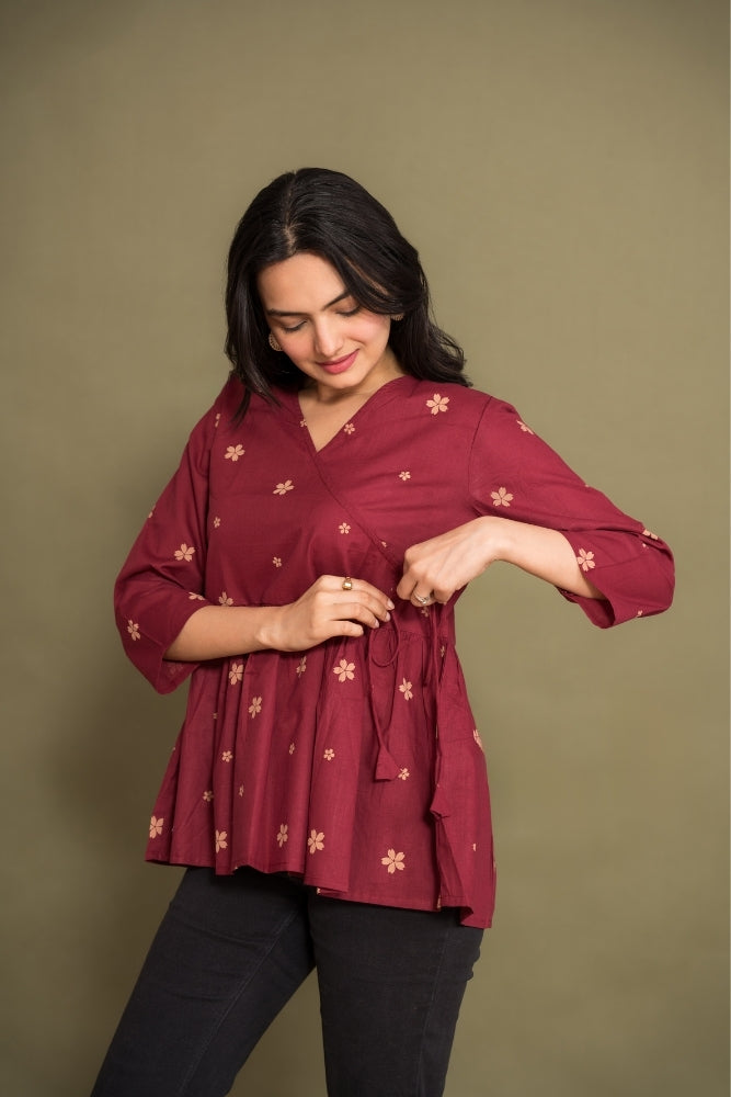 Ekisha's women dark rani abstract angrakha printed cotton tunic top short kurti, front view