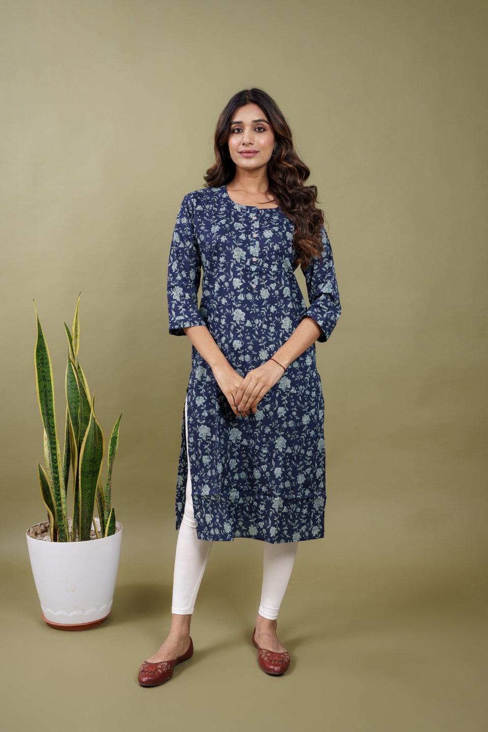 Ekisha women's blue beautiful designer printed multicolor floral printed straight kurta kurti - Ekisha