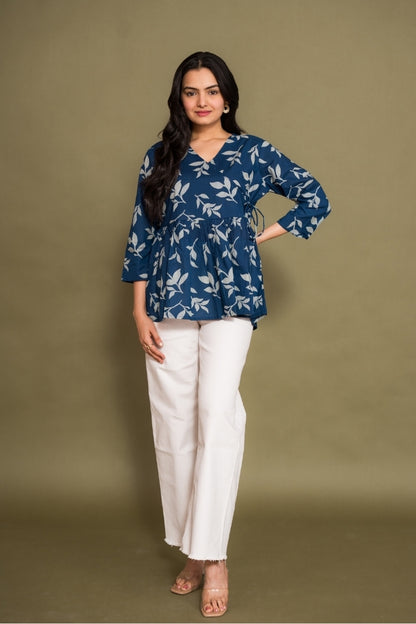 Ekisha's women blue abstract angrakha printed cotton tunic top short kurti, front view 5