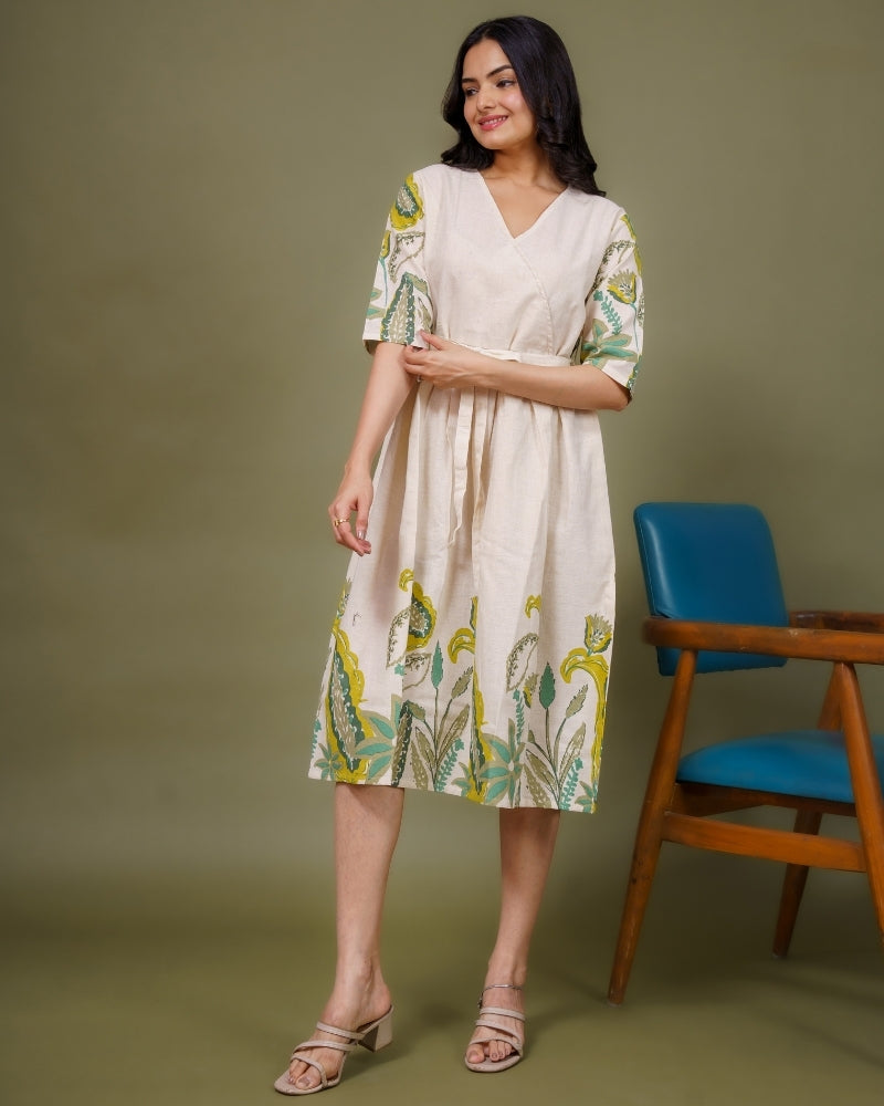 Ekisha's women white multicolor floral printed pure cotton midi dress, front view