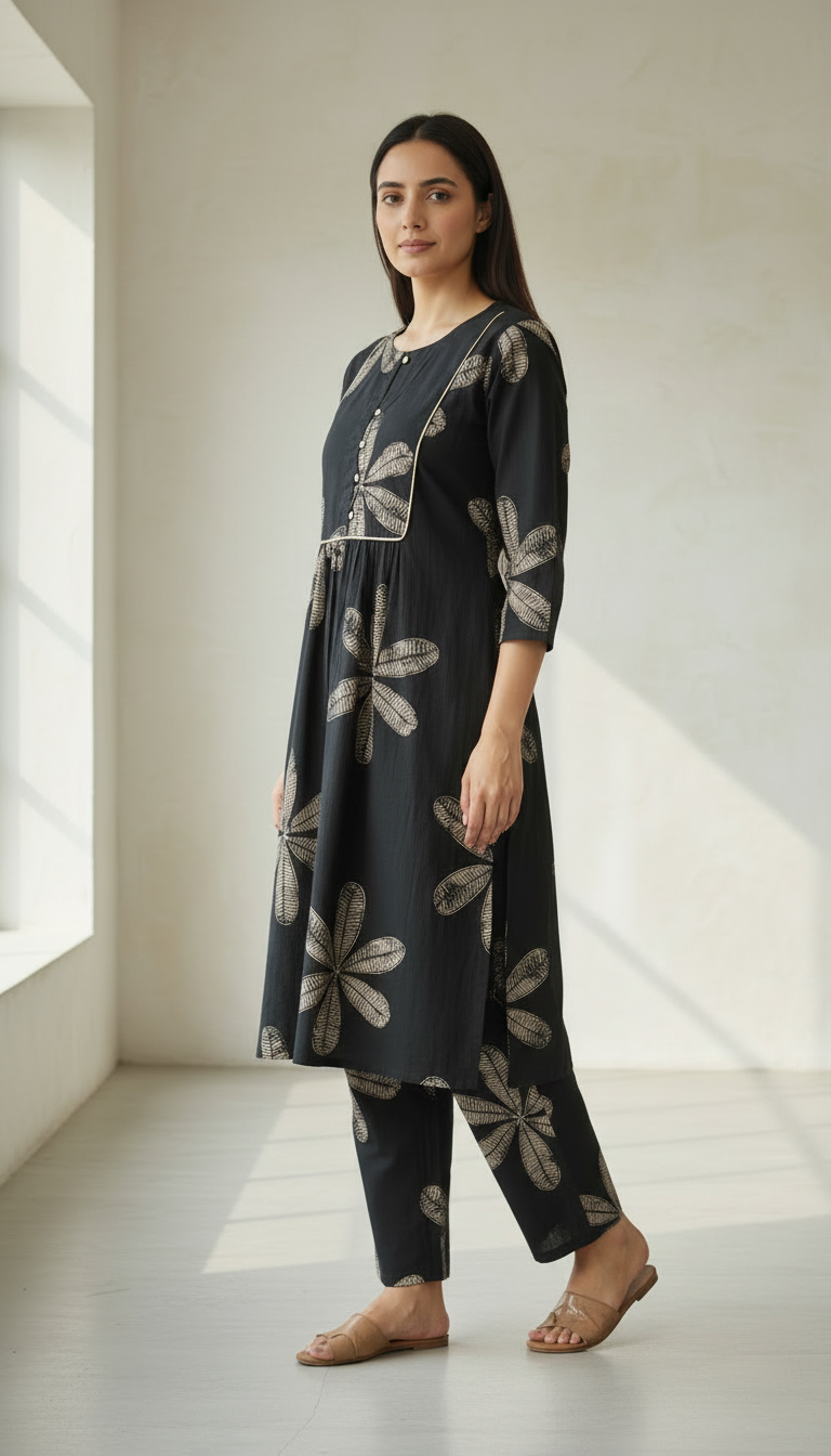 Ekisha's women black floral designer printed cotton co-ord set lounge wear, side view