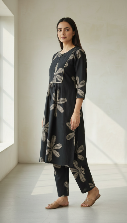 Ekisha's women black floral designer printed cotton co-ord set lounge wear, side view