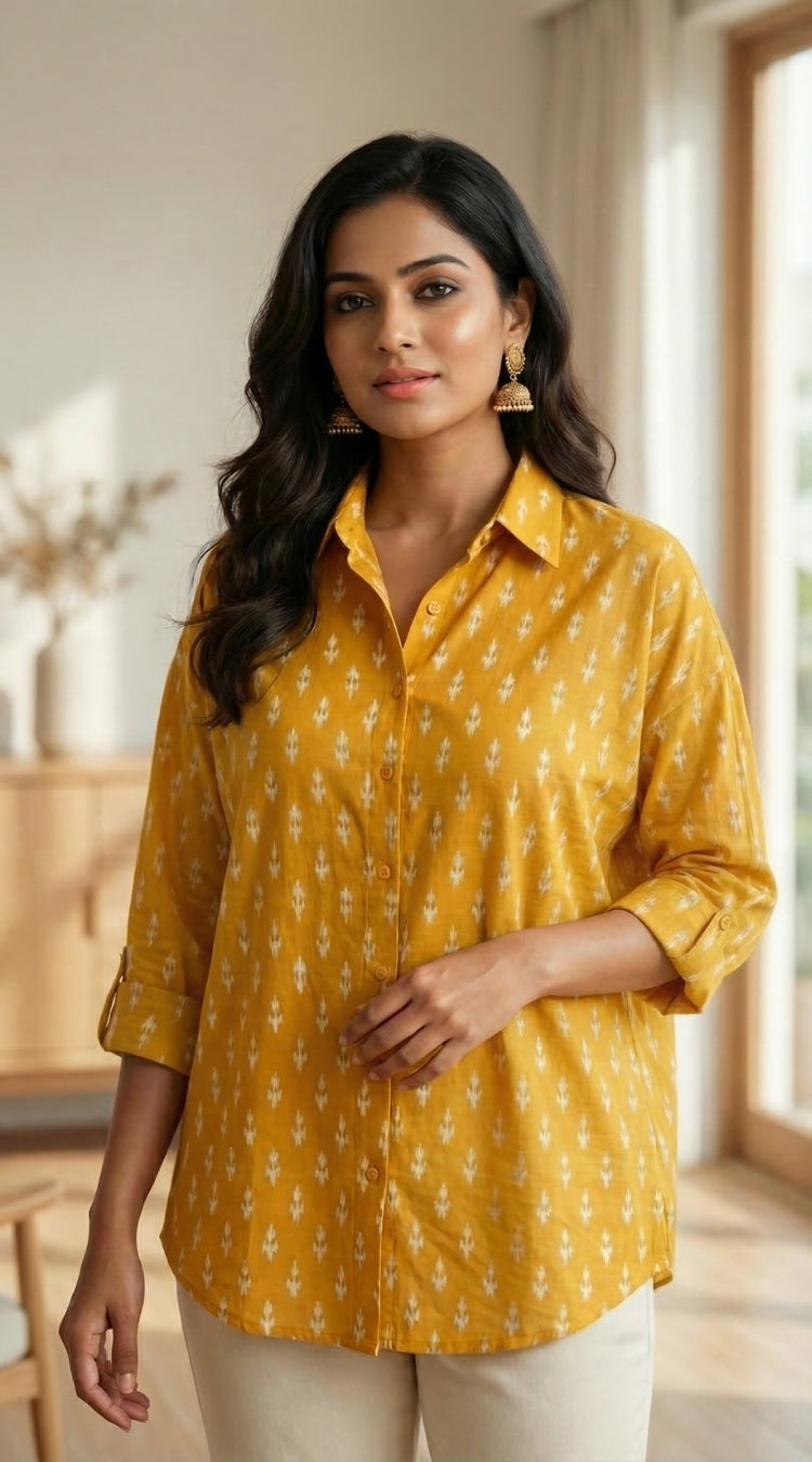 Women Pure Cotton Mustard Ikat printed relaxed fit shirt, front view