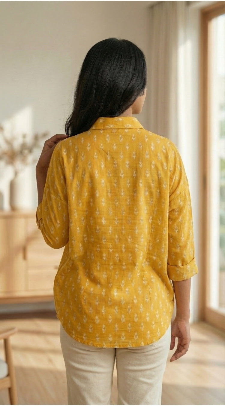 Women Pure Cotton Mustard Ikat printed relaxed fit shirt, back view