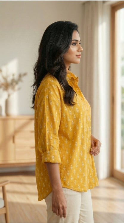 Women Pure Cotton Mustard Ikat printed relaxed fit shirt, side view
