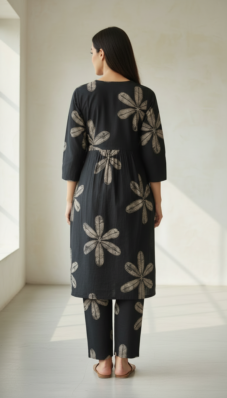 Ekisha's women black floral designer printed cotton co-ord set lounge wear, back view