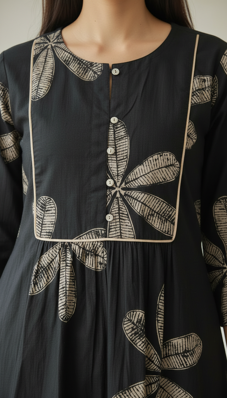 Ekisha's women black floral designer printed cotton co-ord set lounge wear, detailed view 