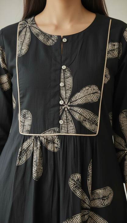 Ekisha's women black floral designer printed cotton co-ord set lounge wear, detailed view 