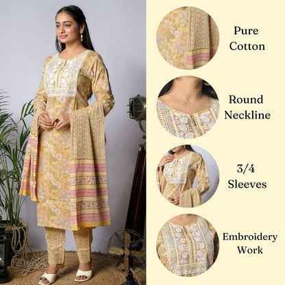 Ekisha's women printed yellow embroidered cotton kurta and pant set with dupatta - Ekisha