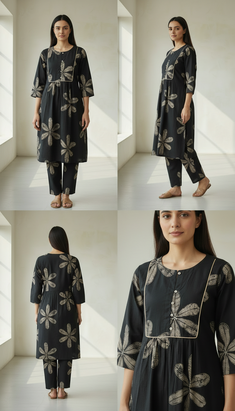 Ekisha's women black floral designer printed cotton co-ord set lounge wear, 4 poses